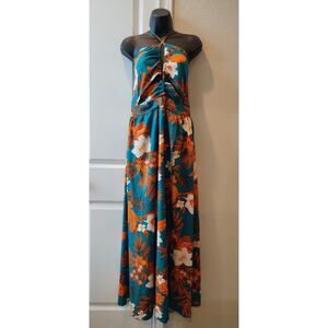 SHEIN women's Tropical floral faux wrap open back halter dress Size XL.